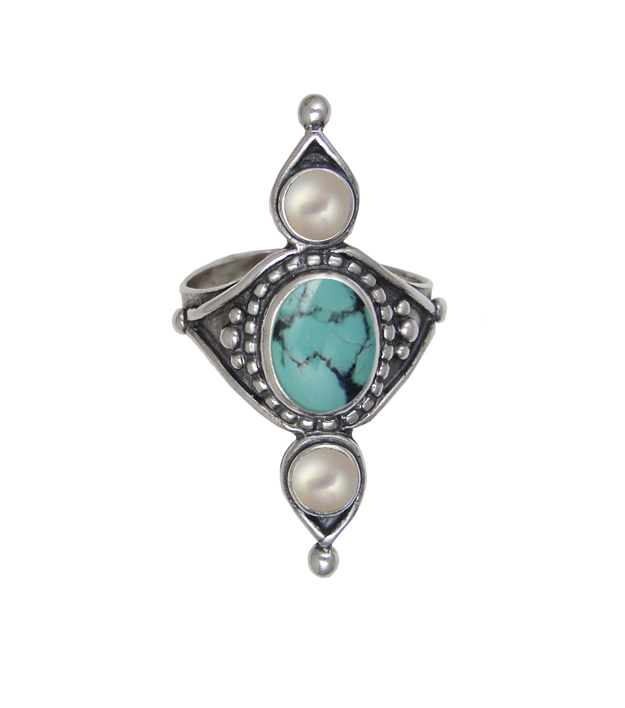 Sterling Silver Royal Ring With Chinese Turquoise And Cultured Freshwater Pearl Size 9